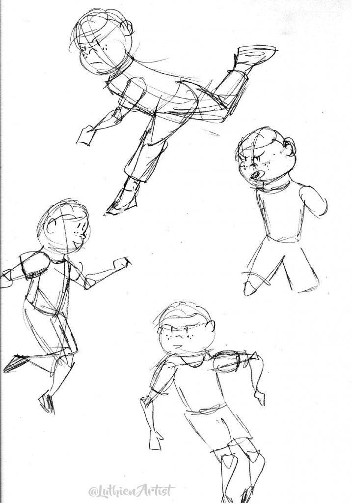 Pencil sketches of a cartoon boy.