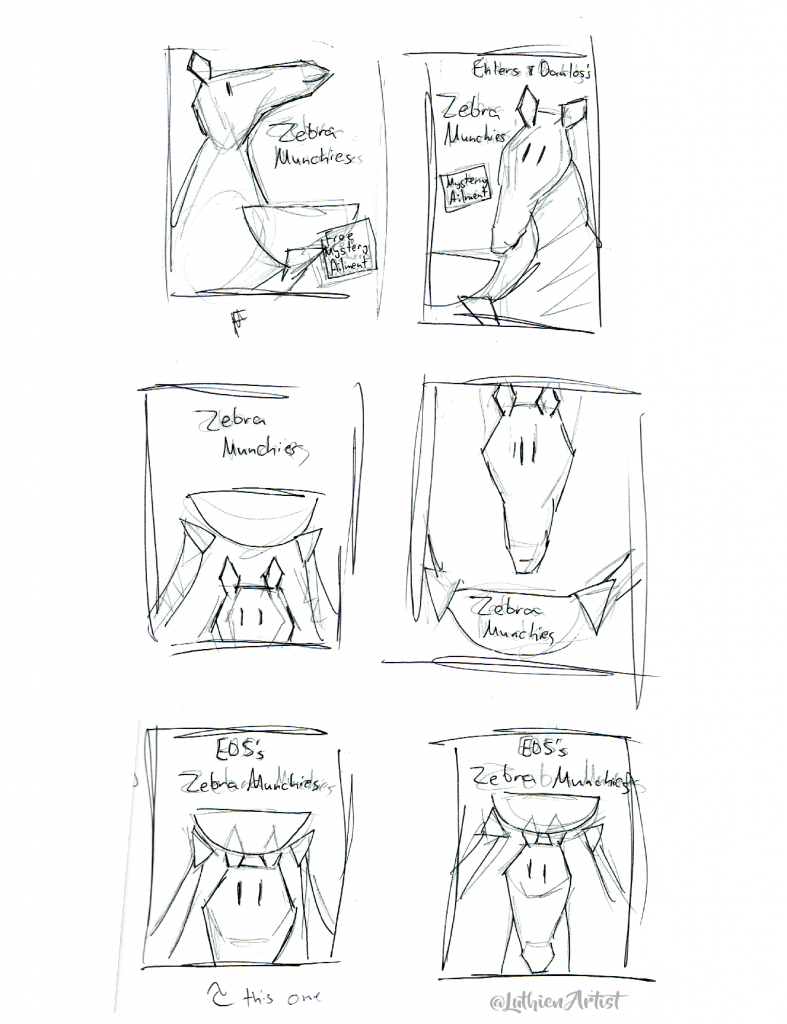 Pencil thumbnails of the Zebra Munchies box.