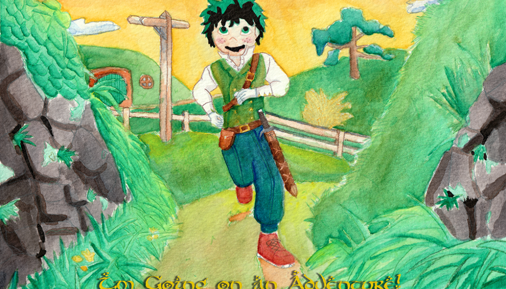 Watercolor painting of Izuku Midoriya from My Hero Academia in his fantasy AU outfit running between two Hobbit hills. Text in a Tolkien style font: I'm going on an adventure!