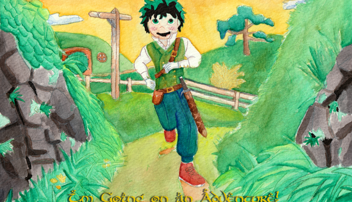 Watercolor painting of Izuku Midoriya from My Hero Academia in his fantasy AU outfit running between two Hobbit hills. Text in a Tolkien style font: I'm going on an adventure!