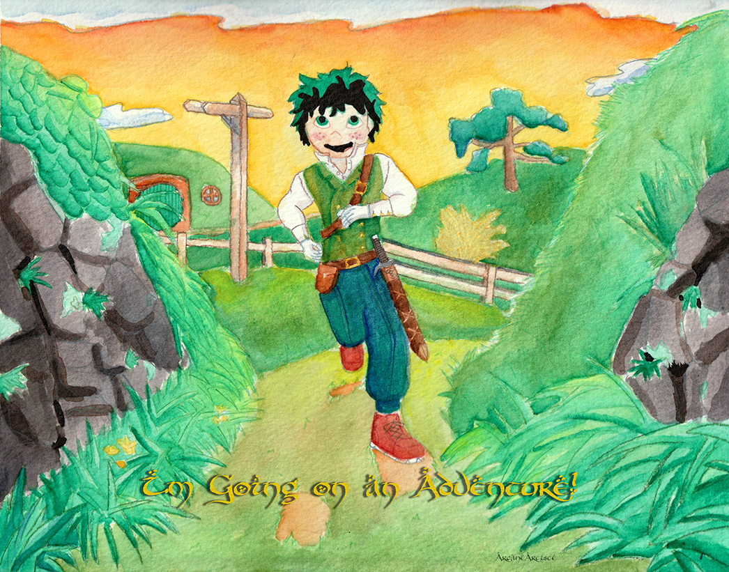 Watercolor painting of Izuku Midoriya from My Hero Academia in his fantasy AU outfit running between two Hobbit hills. Text in a Tolkien style font: I'm going on an adventure!