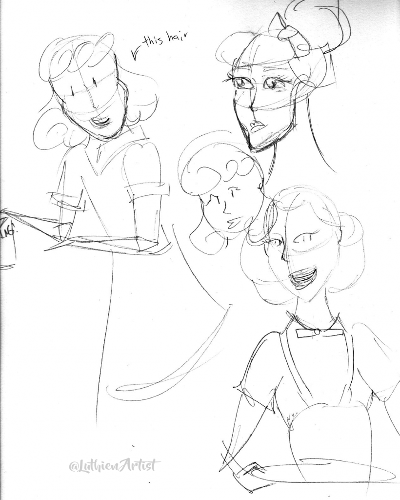 Pencil sketches of a 1950s cartoon woman in various hair and clothing styles.