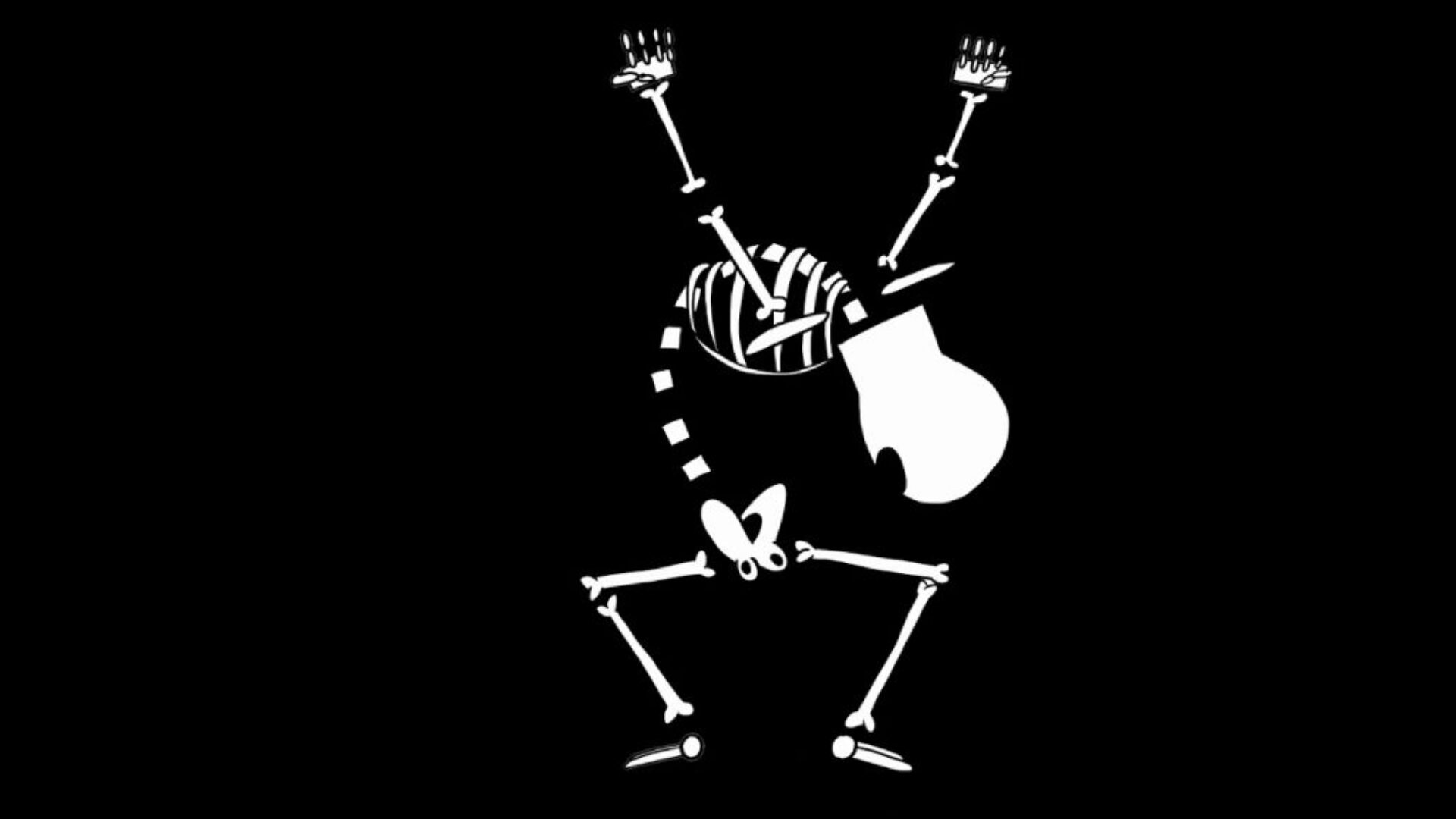 A skeleton bent over in a head bang