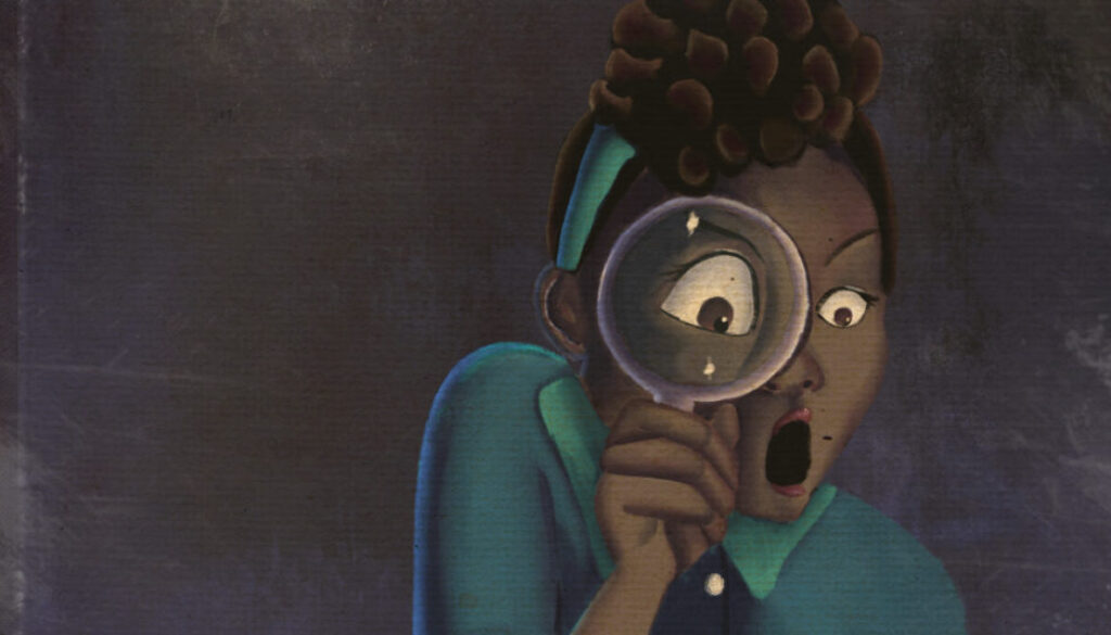 Painting of a black woman wearing a vintage 1940s dress holding a magnifying glass to her eye. She's gasping in shock.