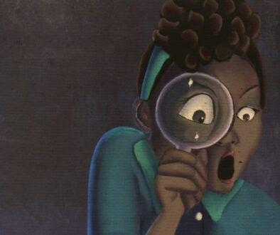 Painting of a black woman wearing a vintage 1940s dress holding a magnifying glass to her eye. She's gasping in shock.