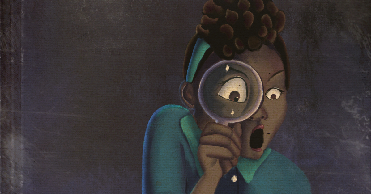 Painting of a black woman wearing a vintage 1940s dress holding a magnifying glass to her eye. She's gasping in shock.