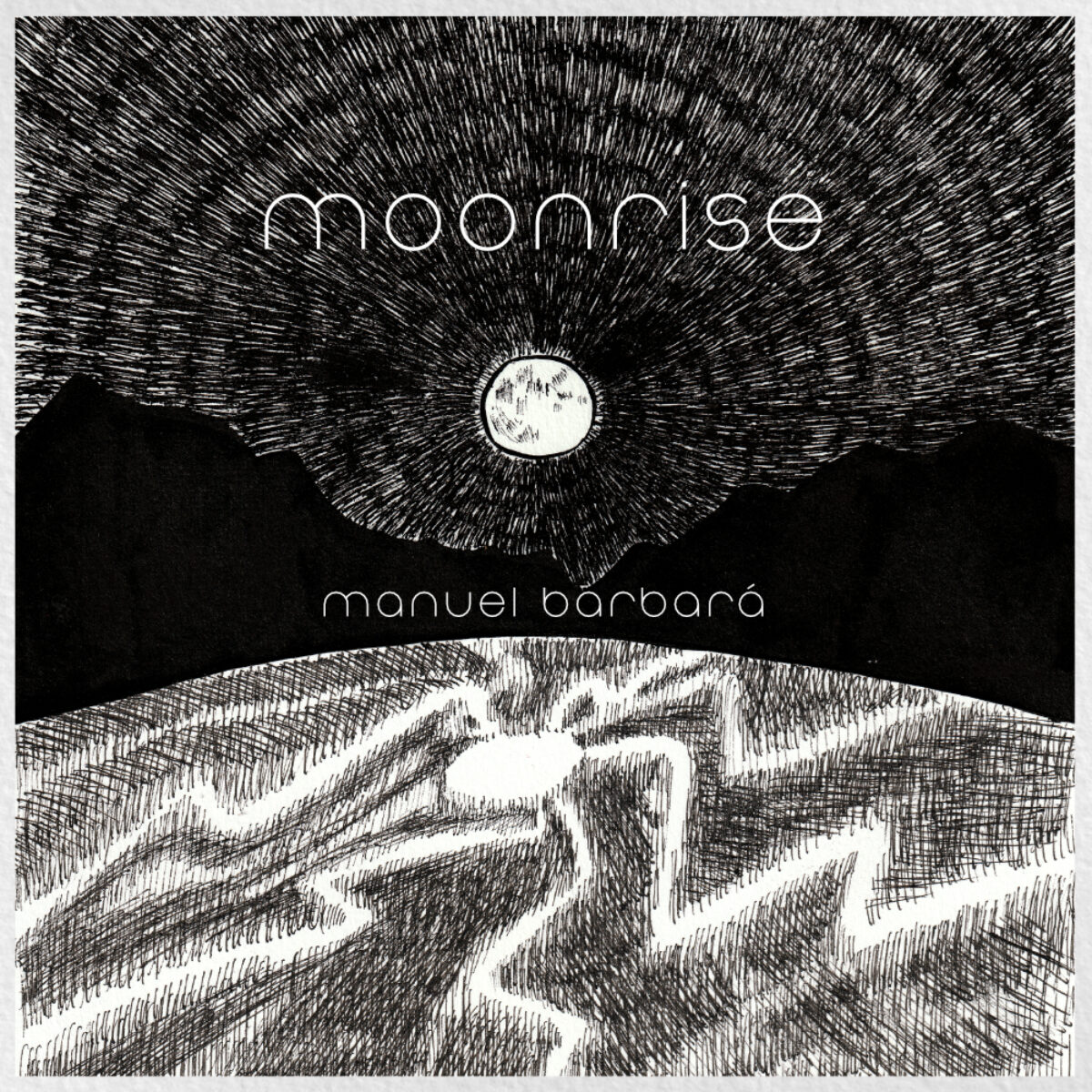 Moonrise album cover featuring pen and ink illustration of moon on a cracked lake