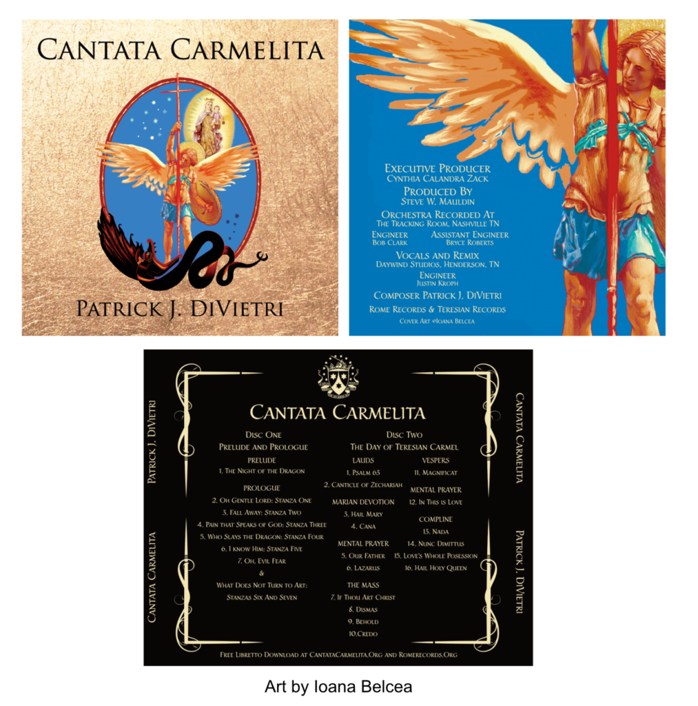 Front, back, and internal cover of the album "Cantata Carmelita" featuring art by Ioana Belcea.