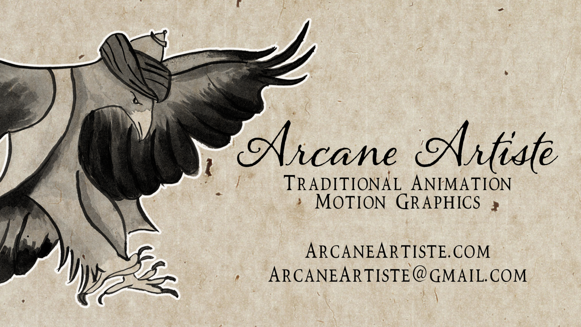 Ink illustration of an eagle wearing a turban and a vest. Text: Arcane Artiste. Traditional Animation. Motion Graphics. Arcane Artiste.com. ArcaneArtiste@gmail.com.