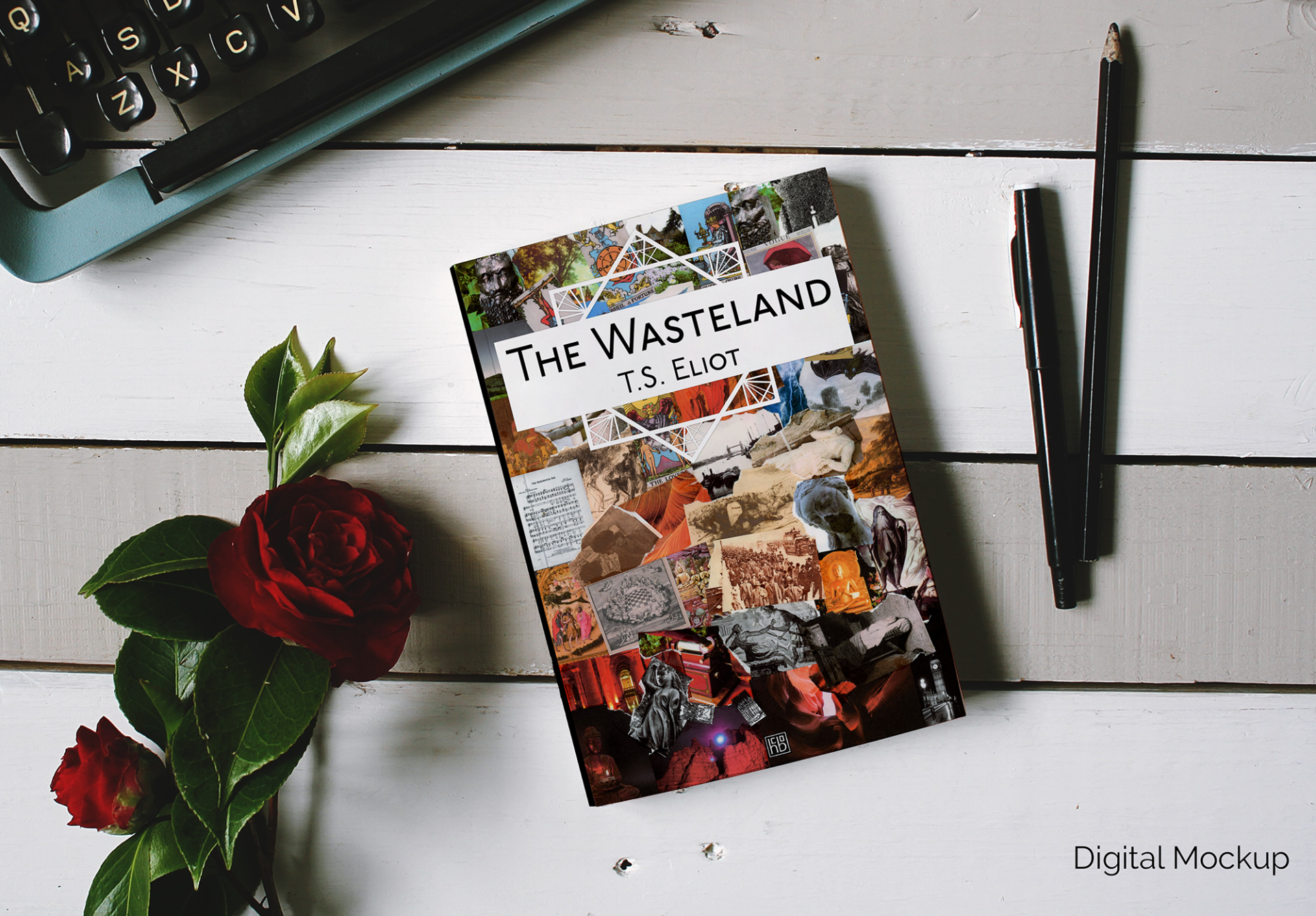 Photo of a book lying on a table next to roses, a type writer, and pencils. The book is T.S. Eliot's The Wasteland.