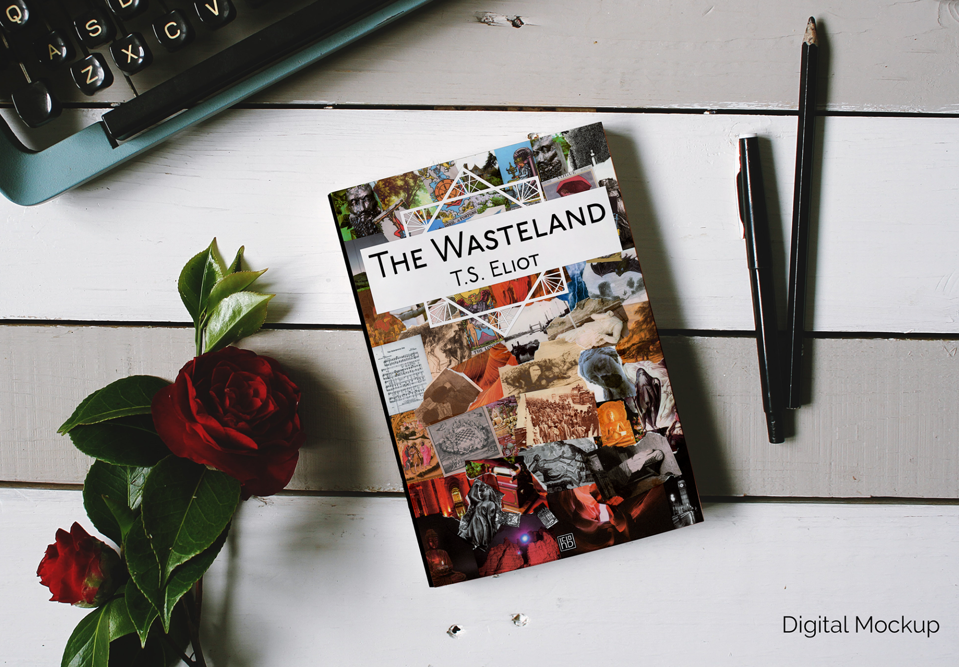 Collage book cover of The Wasteland by T.S. Eliot mocked up on a table