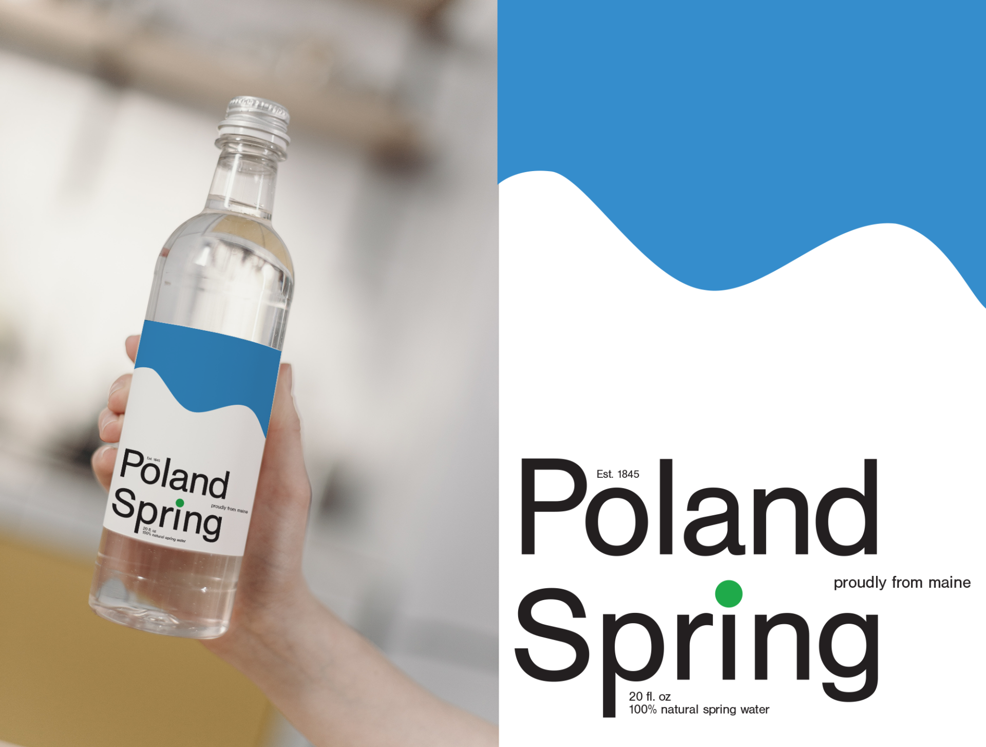 New Poland Spring logo on its own and mocked up on a water bottle.