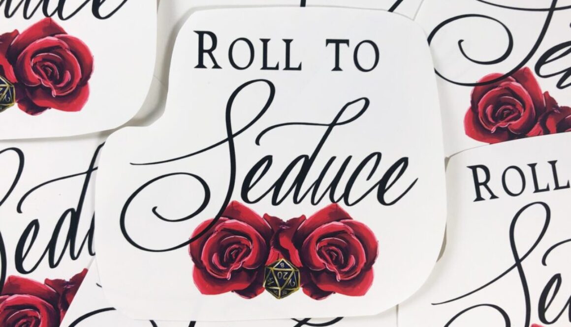 Roll to Seduce. Painting of roses with a twenty sided die.