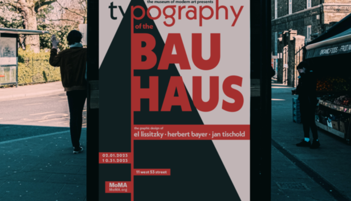 Typography of the Bauhaus poster mocked up on at a bus stop.