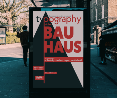 Typography of the Bauhaus poster mocked up on at a bus stop.