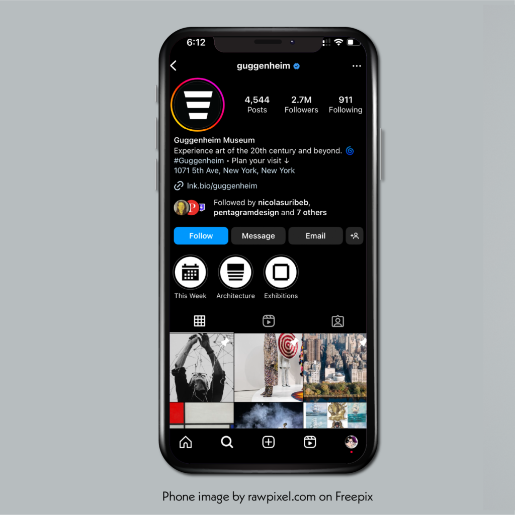 Guggenheim Instagram with new logo. Phone image by rawpixel.com on Freepix