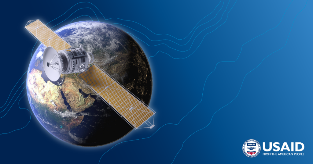 Topography map with an illustration of Earth and a satellite.