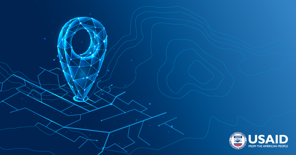 Topography map with a blue glowing map marker.