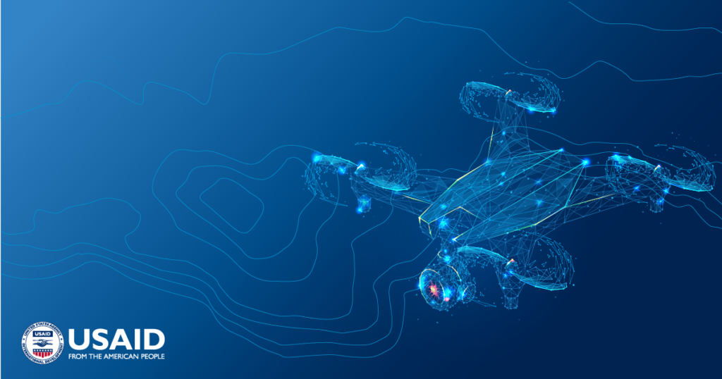 Topography map with a blue digital image of a drone.