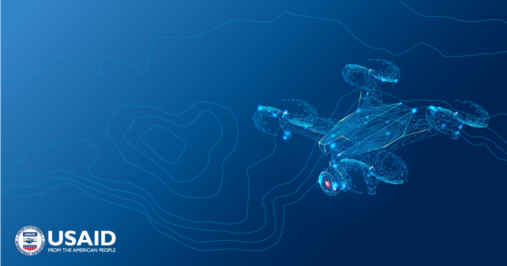 Topography map with a blue digital image of a drone.